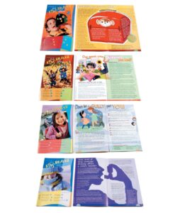 Examples of four covers and spreads with colourful and playful design, photographs and illustrations. Magazine serves as a communication tool for families of patients at The Hospital for Sick Children.