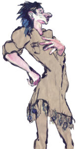 Man figure chest thrust, hand on hip. Peacock feathers trim shirt.