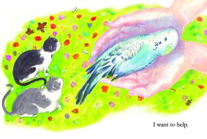 Hands gently hold a rescued bird, curious cats looking on.