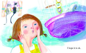 Child watches budgie rehabilitating in cage. Cats sitting on windowsill.