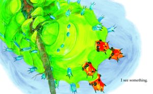 Bright green caterpillar, with red and blue tubercles, holding onto a twig.