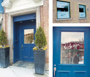 Célestin logo etched in glass on entry door and printed on window blinds.
