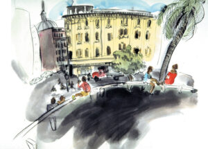 Yellow Baroque architecture building in background, Cubans on benches and palm tree in foreground.