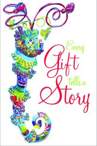 Stocking painted in green, reds and blues, with beads and ribbons.