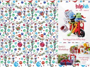 Pattern of stockings and ornaments on giftwrap.