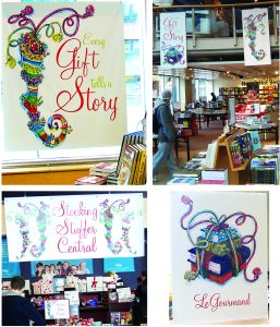 Illustrations of stockings and whimsical books wrapped in ribbons store signage.