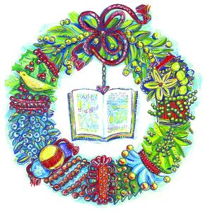 Decorative holiday wreath in reds, blues, greens, depicts leaves, berries, beads, baubles, ribbons, a bird, with a hanging centre piece book.