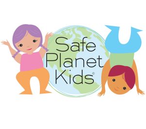 Colourful, flat graphic characters, one cheering, the other in handstand, flanking world.