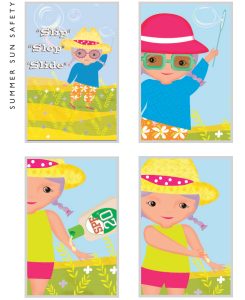 Character wears outdoor protection and applies 20+ SPA sunscreen.