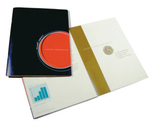 Cover: navy with red graphic petri dish. “Annual report” in a hand-written style with “Cangene Corporatation” in serif caps. Inside spread: white space with solid gold bar, dollar coin graphic, minimal type.