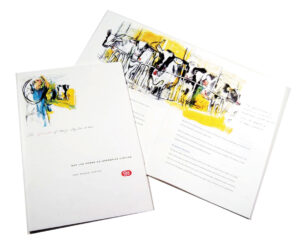 Cover: sketch of farmer hanging up milking machine hoses. Inside spread: Holstein cows in stalls at milking time.