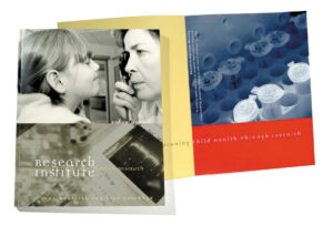 Cover: primary colour pattern of atoms. Illustration: a linear structural formula framing a handshake, a family, pills and a syringe, a microscope with a pen and pad. Fold-out page: spot illustrations of “R and D”, pill and syringe, and a pig. Sample spread: contrasts a photograph of an older woman at a swimming pool with a black and white photograph of a baby.