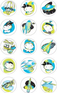 Two colour, lime green and cyan, graphic drawings of flying machines and characters.