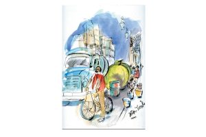 Man on bicycle in foreground, water truck filling tank in background, Cubans with pails retrieving water.