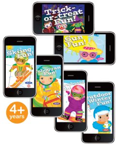 Safe Planet Kids safety games home screens: Halloween, Sun, Skiing, Toboggan, Snowboard, and Winter.