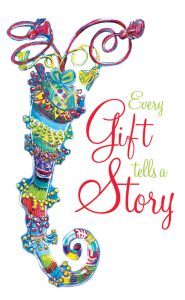 Whimsical stocking illustration in blues, greens and red.