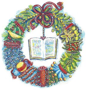 Decorative holiday wreath in reds, blues, greens, depicts leaves, berries, beads, baubles, ribbons, a bird, with a hanging centre piece book.
