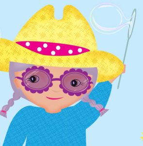 Character from Safe Planet Kids game series making bubbles outdoors, wearing sunglasses, long sleeves and hat.
