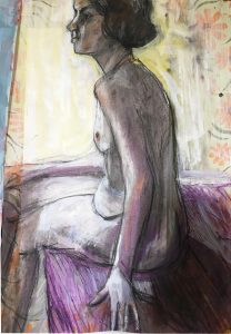 Three quarter view of female with cropped dark hair, torso turned away from viewer.