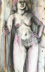 Front-facing pose, 3/4 study, model with hand on left hip, leaning on pole in right hand. Black drawing, hot pink highlights, reductive white.