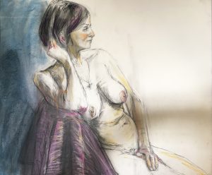 Front 3/4 view of female model wearing cross necklace, leaning on right elbow that is resting on chair back, draped in dark aubergine fabric. Right hand it touching bottom of hair at back of head.