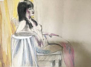 Sitting female model in upholstered chair, 7/8 side-front, with long straight black hair and right thigh tattoo. Right elbow rests on circular table top, covered in white cloth. Yellow drapery behind model.