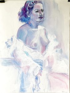 Female in 3/4 view, wearing white feather boa, palette of blue, pink and burgundy.