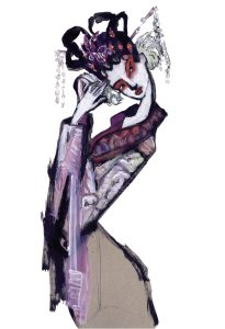 Artist in full dress, fixing hairpiece.