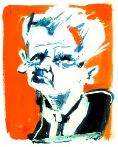 Orange and blue painting of face.