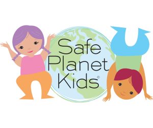 Colourful, flat graphic characters, one cheering, the other in handstand, flanking world.