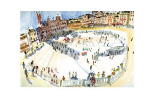 Ariel view of Il Campo, Siena during set-up for il Palio, figures in centre, surrounded by Sienese buildings.