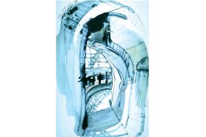 Ink line and wash drawing of arch and passageway.