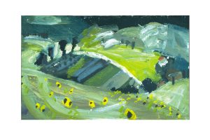 Green and blue landscape of fields, trees in background, sunflowers in foreground.