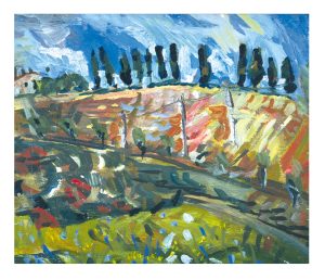 Painterly application depicting hillside soils, cypress trees, and a farmhouse.