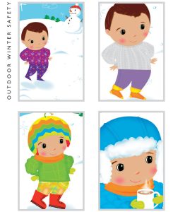 Character with snowman background, wearing base layer, thermal layer and outdoor layers added, then holds mug of hot cocoa.